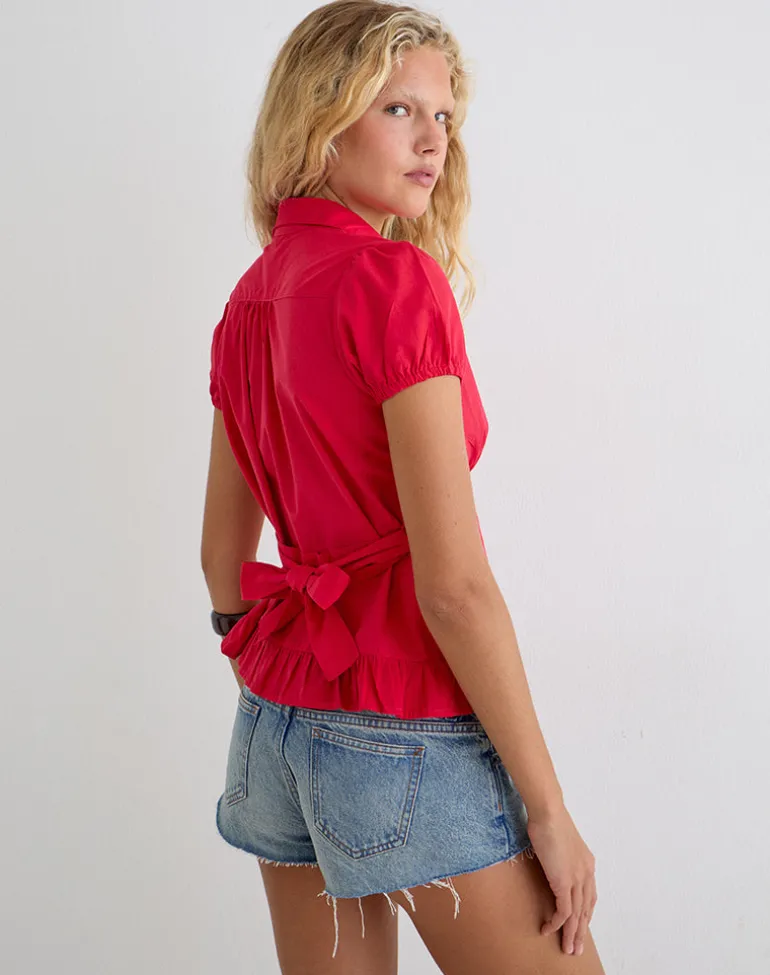 Closie Button Up Blouse in Poplin Scarlet Red