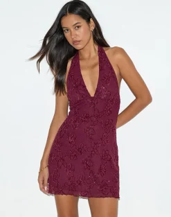 Codami Halterneck Mini Dress in Sequin Knit Burgundy