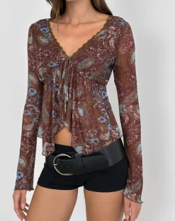 Concetta Long Sleeve Top in Feathery Paisley Brown