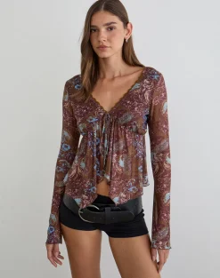 Concetta Long Sleeve Top in Feathery Paisley Brown