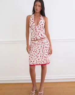Corsita Top in Cream with Red Leafy Lily Flock