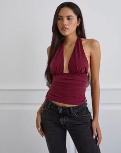 Cosimo Halterneck Top in Cupro Dark Red