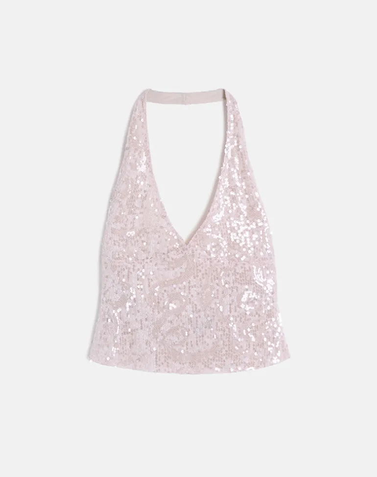 Cosio Halter Top in Sequin Baby Pink
