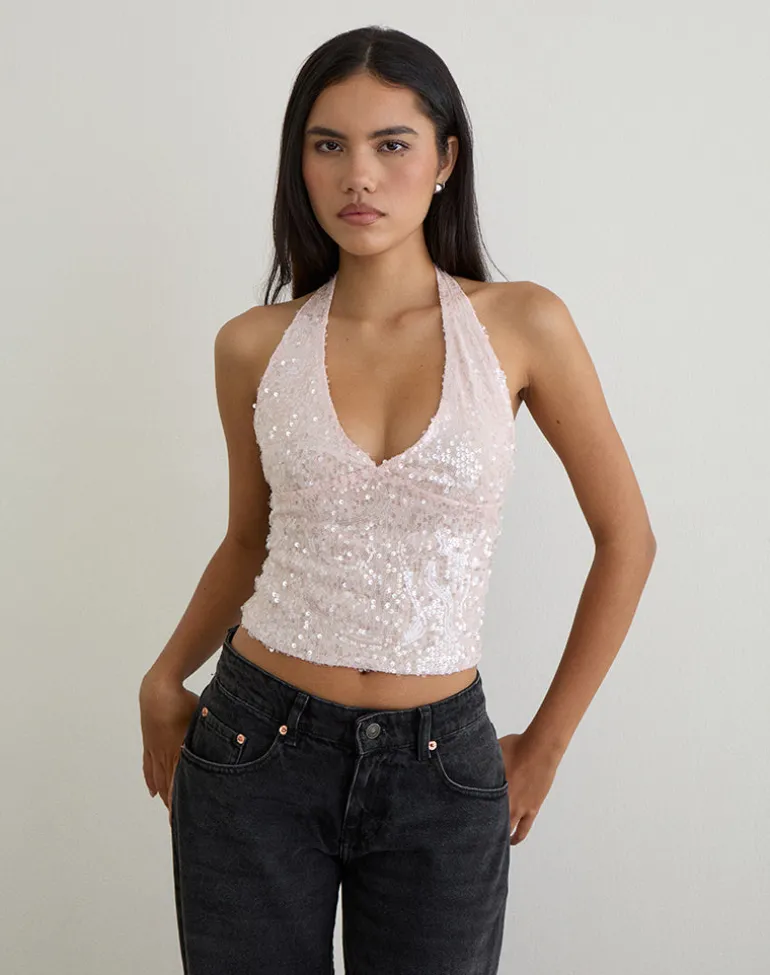Cosio Halter Top in Sequin Baby Pink