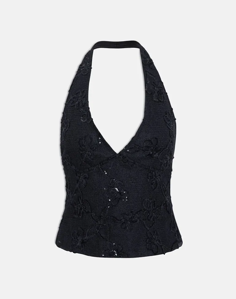 Cosio Halter Top in Sequin Knit Black