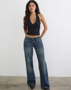 Cosio Halter Top in Sequin Knit Black
