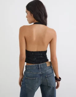 Cosio Halter Top in Sequin Knit Black