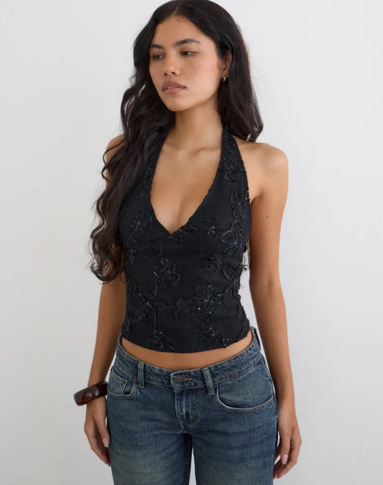 Cosio Halter Top in Sequin Knit Black