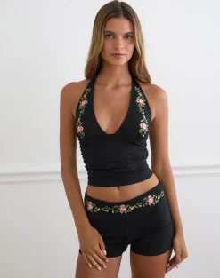 Cosmo Halterneck Top in Black with Swirly Floral Embroidery