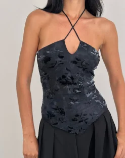 Daiki Halterneck Top in Leaf Velvet Dark Blue