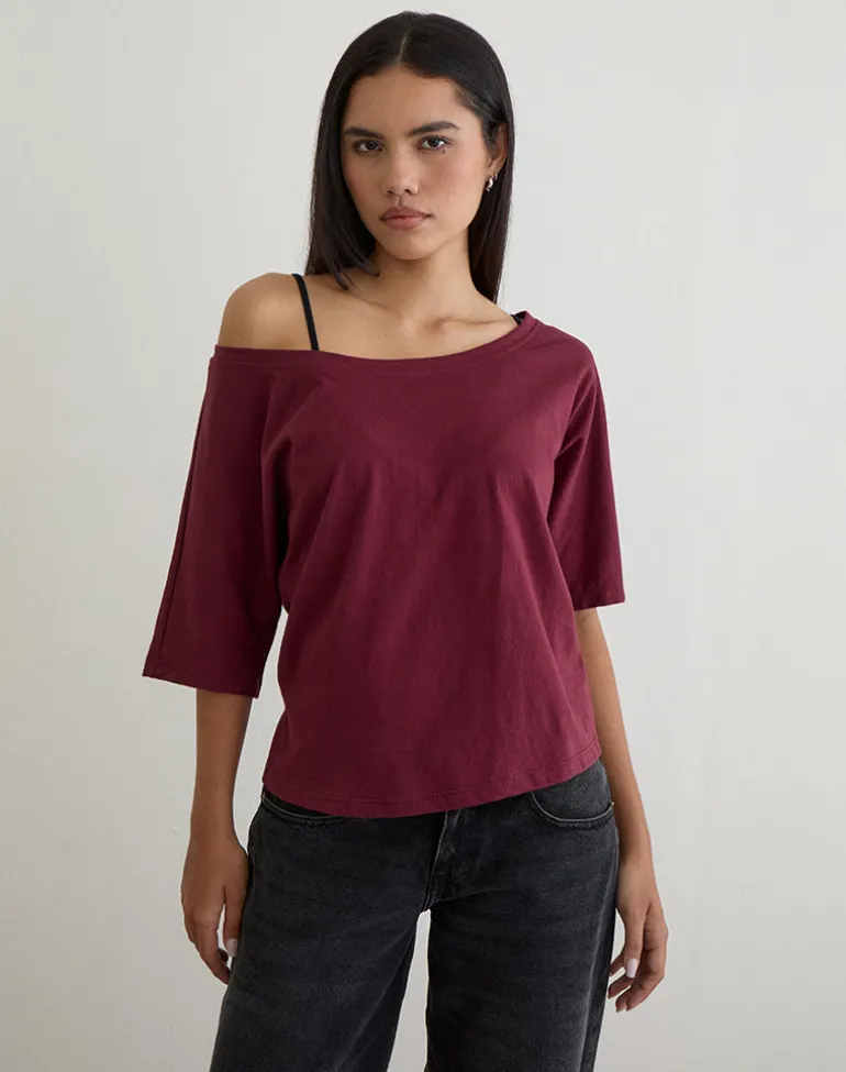 Daimin Off the Shoulder Top in Jersey Maroon