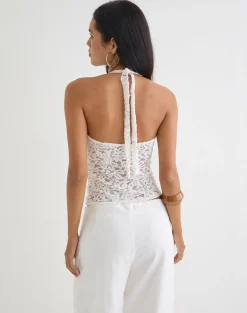 Dainy Plunge Halterneck Top in Lace White