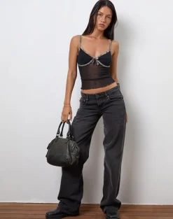 Dalan Cami Top in Black Mesh with Forest Camo Trim