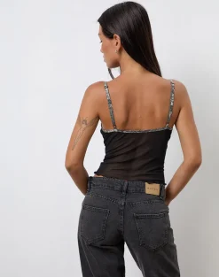 Dalan Cami Top in Black Mesh with Forest Camo Trim