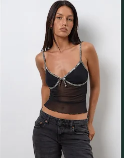 Dalan Cami Top in Black Mesh with Forest Camo Trim