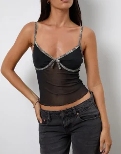 Dalan Cami Top in Black Mesh with Forest Camo Trim