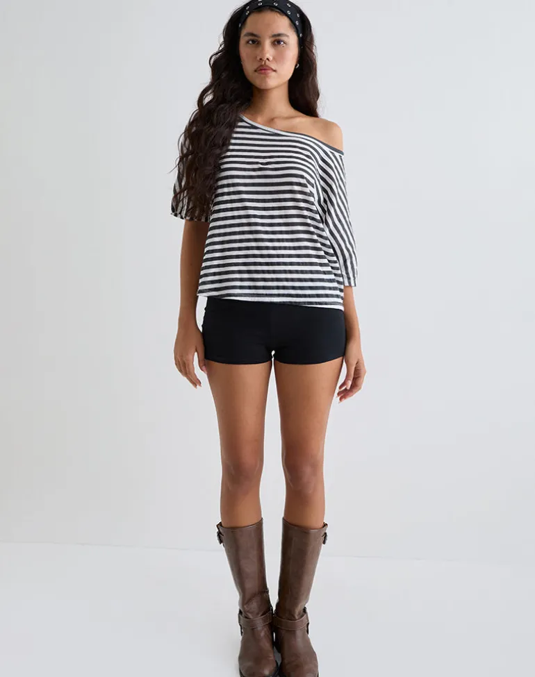 Daman Off Shoulder Basic Top in Ivory with Charcoal Stripe