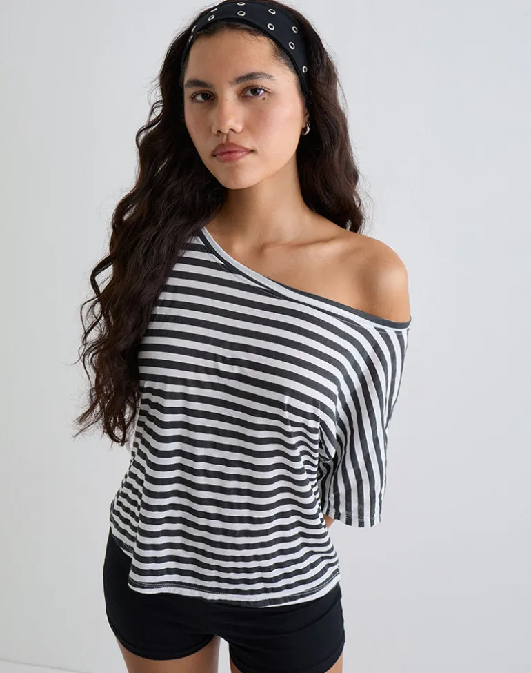 Daman Off Shoulder Basic Top in Ivory with Charcoal Stripe