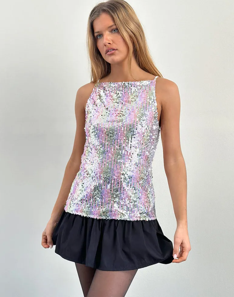 Damske Vest Top in Clear Sequin Iridescent