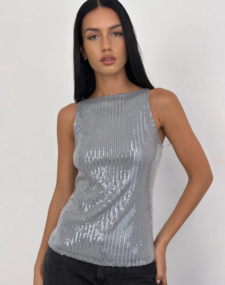 Damske Vest Top in Clear Tinted Sequin Grey