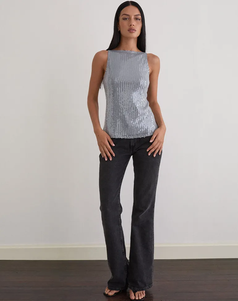 Damske Vest Top in Clear Tinted Sequin Grey