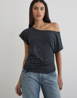 Danama One Shoulder Top in Oblique Stripe Ocean Storm
