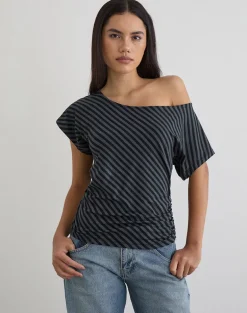 Danama One Shoulder Top in Oblique Stripe Ocean Storm