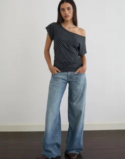 Danama One Shoulder Top in Oblique Stripe Ocean Storm