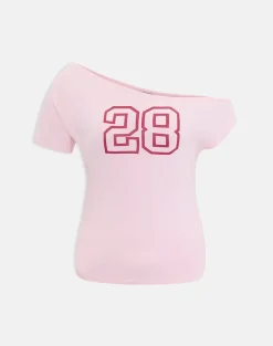 Danama One Shoulder Top in Rayon Jersey Light Pink with '28' Graphic