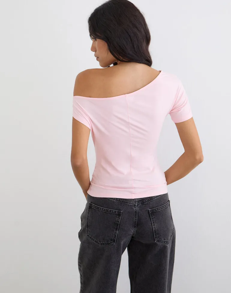 Danama One Shoulder Top in Rayon Jersey Light Pink with '28' Graphic