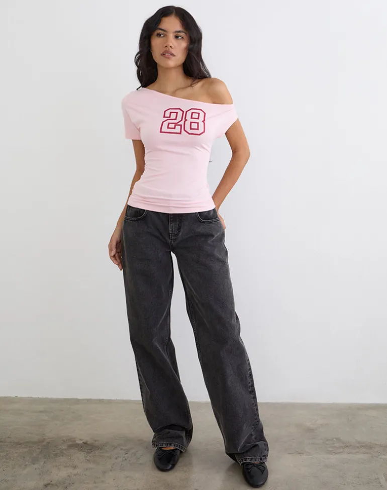 Danama One Shoulder Top in Rayon Jersey Light Pink with '28' Graphic