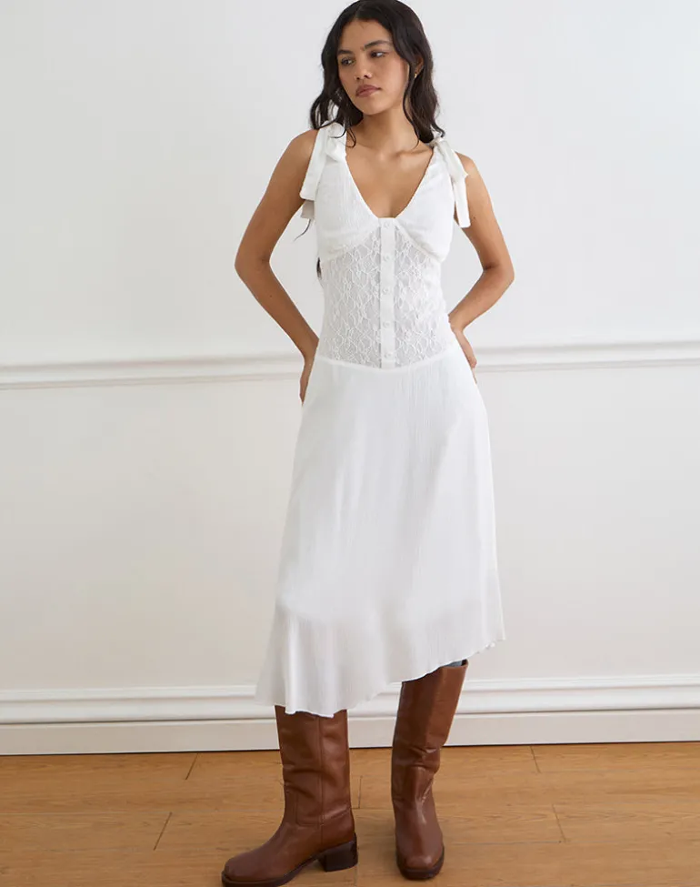 Danira Midi Dress With Lace Waist in Rayon White
