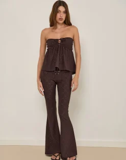 Dan Tie Front Flared Trousers in Broderie Brown