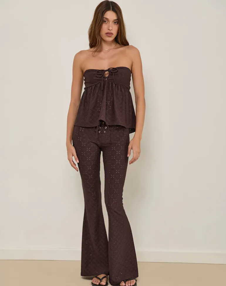 Dan Tie Front Flared Trousers in Broderie Brown