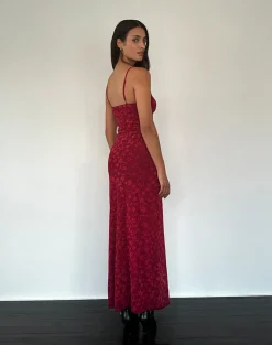 Darsih Cami Maxi Dress Red Grunge Floral Flock