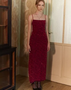 Darsih Cami Maxi Dress Red Grunge Floral Flock