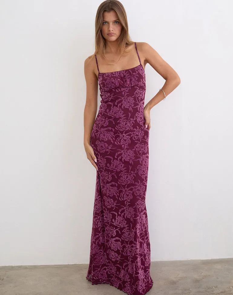 Darsih Maxi Dress in Flock Shadow Leaf Plum