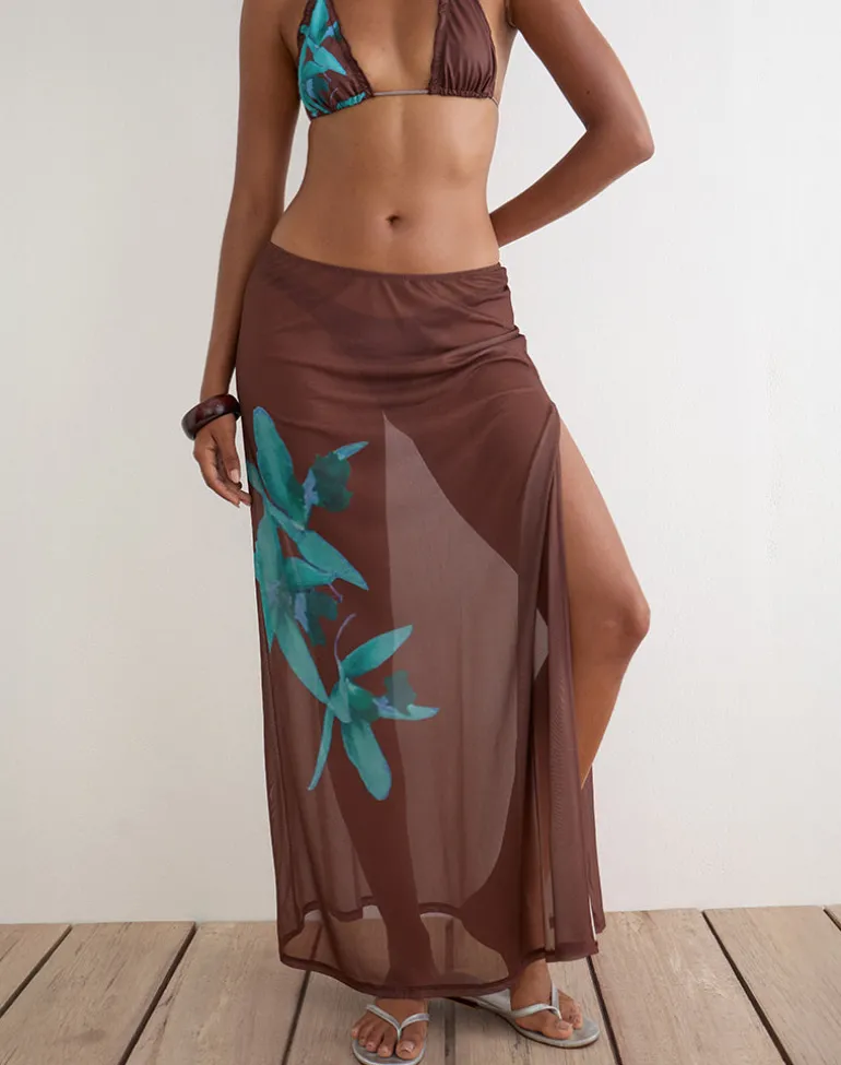 Dartina Maxi Slip Skirt in Brown with Blue Desert Rose
