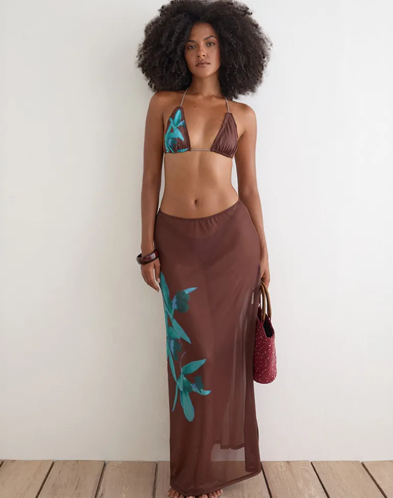 Dartina Maxi Slip Skirt in Brown with Blue Desert Rose