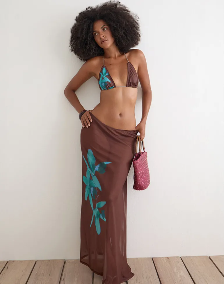 Dartina Maxi Slip Skirt in Brown with Blue Desert Rose
