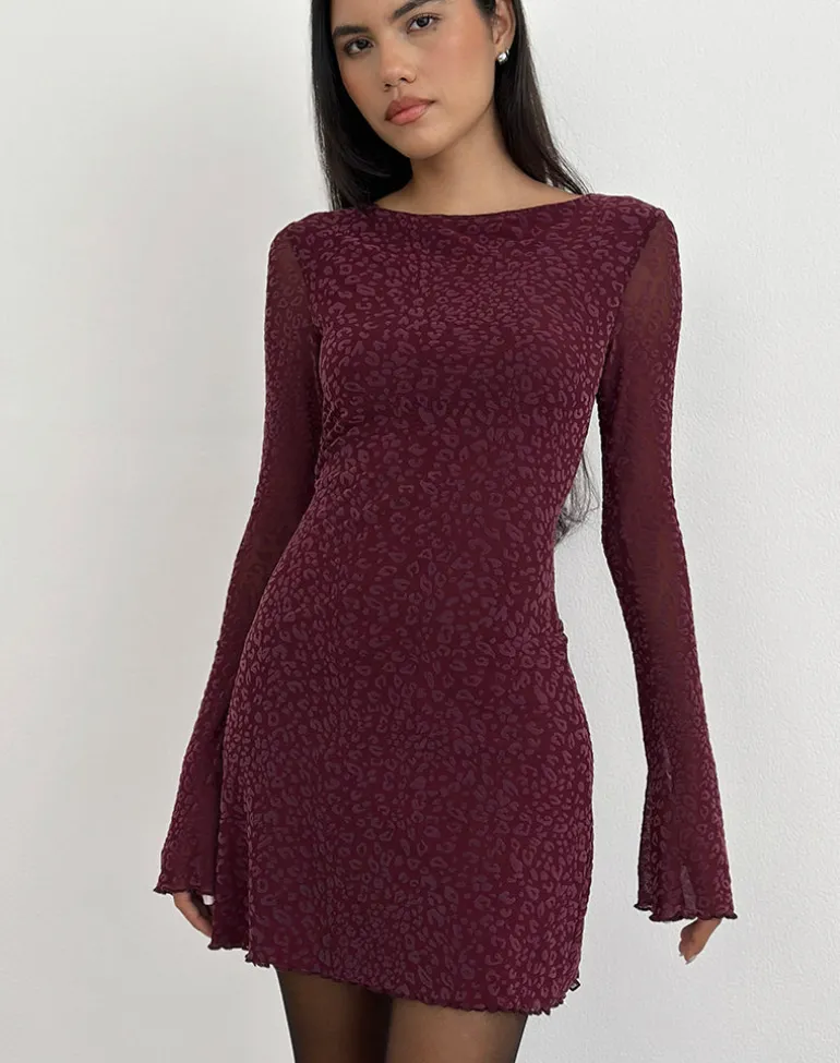 Dasa Long Sleeve Mini Dress in Flock Mini Leopard Plum