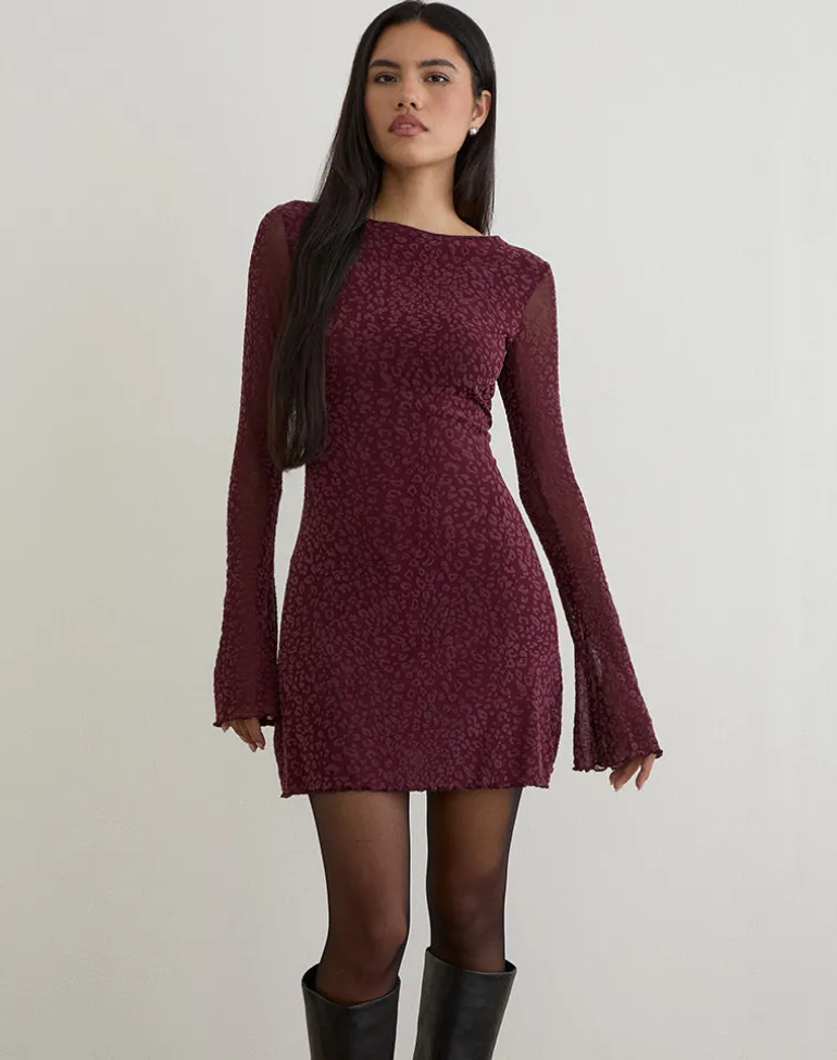 Dasa Long Sleeve Mini Dress in Flock Mini Leopard Plum