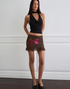 Davia Mini Skirt in Brown with Pink Flower Print