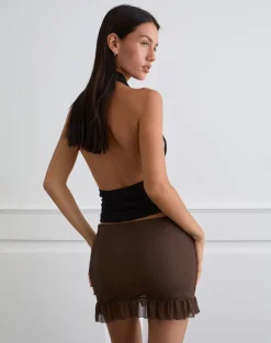 Davia Mini Skirt in Brown with Pink Flower Print