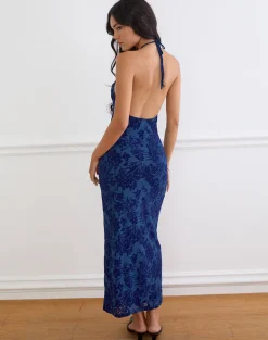Dawn Maxi Dress in Midnight Leaf Flock Navy