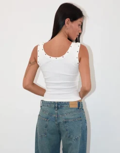 Dax Eyelet Ribbed Vest Top in White