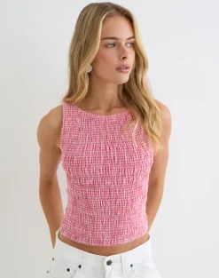 Deacon Shirred Top in Mini Gingham Peach