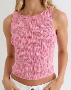 Deacon Shirred Top in Mini Gingham Peach