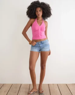 Delyn Ruched Plunge Top in Deep Pink