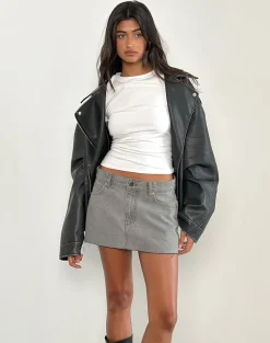 Denim Raw Hem Mini Skirt in Grey Bleach